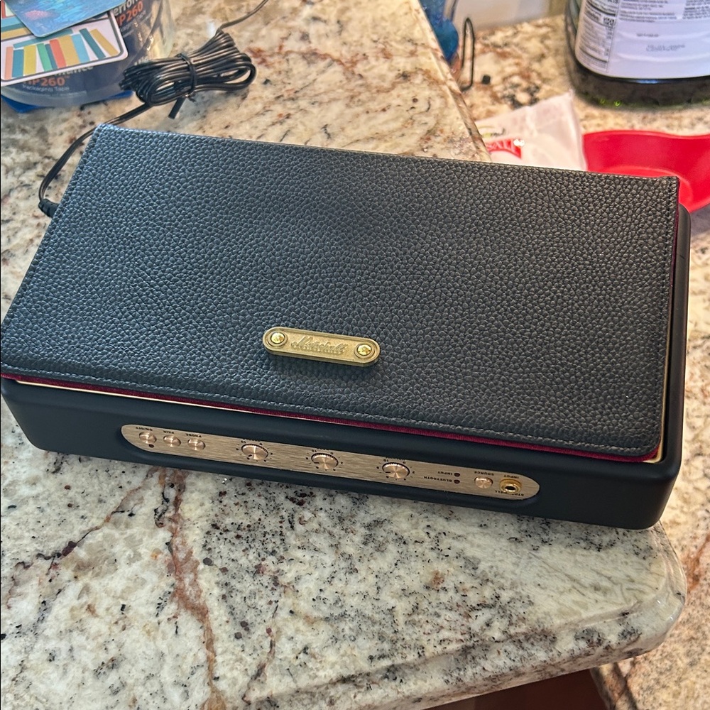Marshall Bluetooth Speaker in Black with Red Accent and Gold Hardware